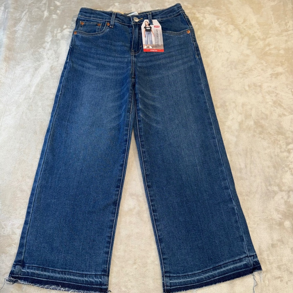 Levis Girls Cropped Wide Leg Jeans Blue Medium Wash Stretch Denim Size 14 REG